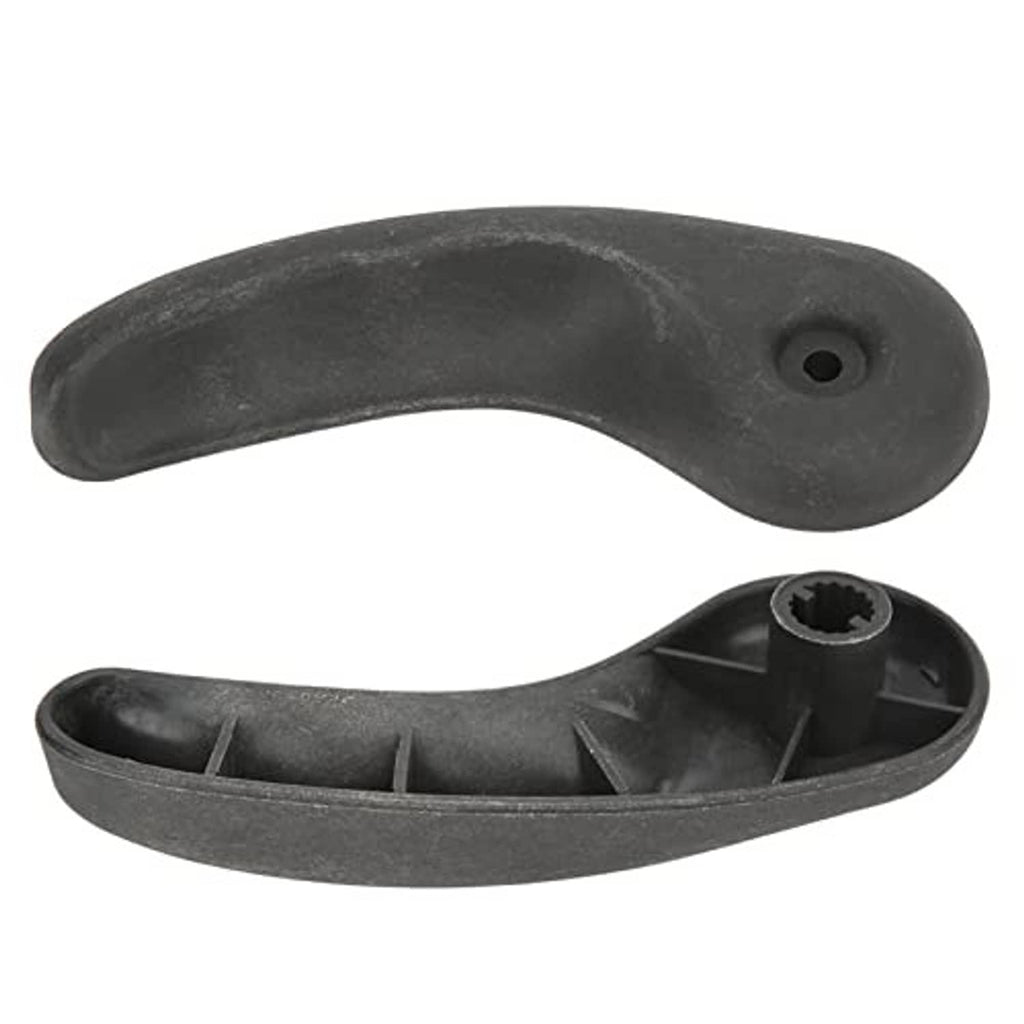 Black recliner lever handle with underside mounting clip and circular hole