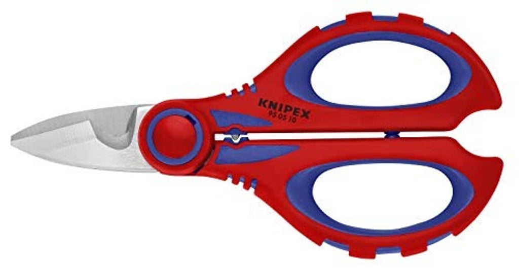 Electricians' shears with crimp area, red and blue handles, pointed metal cutting blades