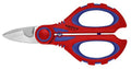 Electricians' shears with crimp area, red and blue handles, pointed metal cutting blades