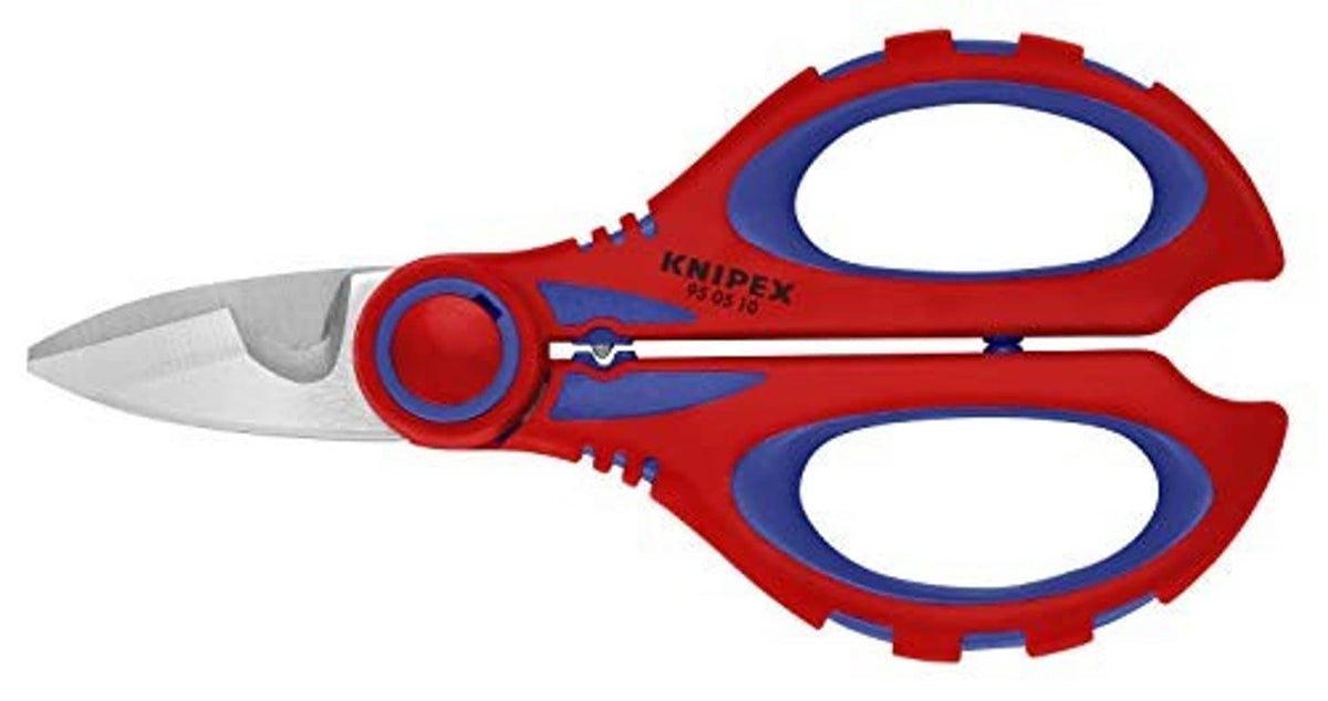 Electricians' shears with crimp area, red and blue handles, pointed metal cutting blades
