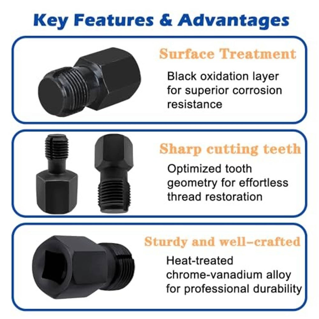 Oxygen sensor thread chasers, black hex tools with sharp cut teeth and threaded ends (2pcs)