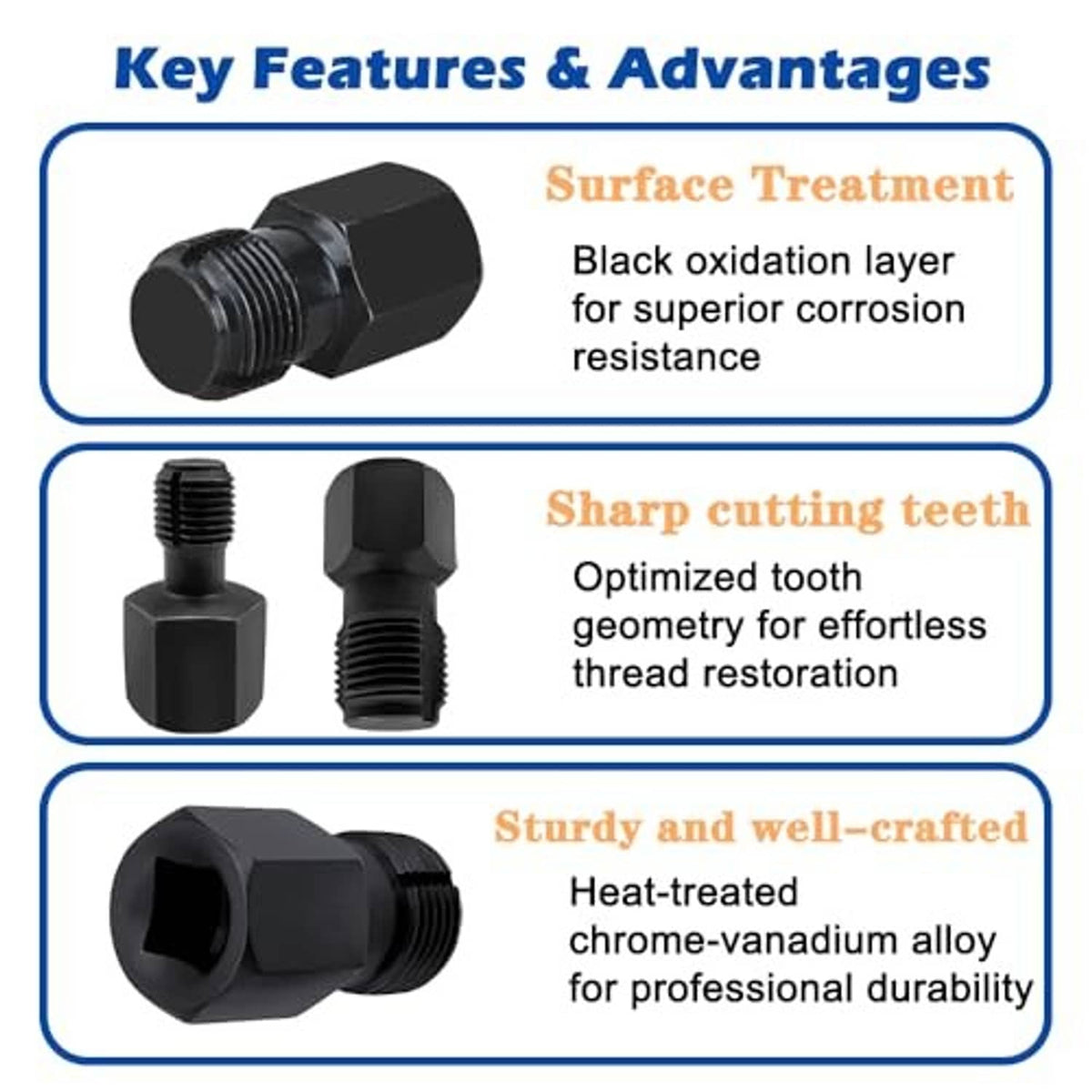 Oxygen sensor thread chasers, black hex tools with sharp cut teeth and threaded ends (2pcs)