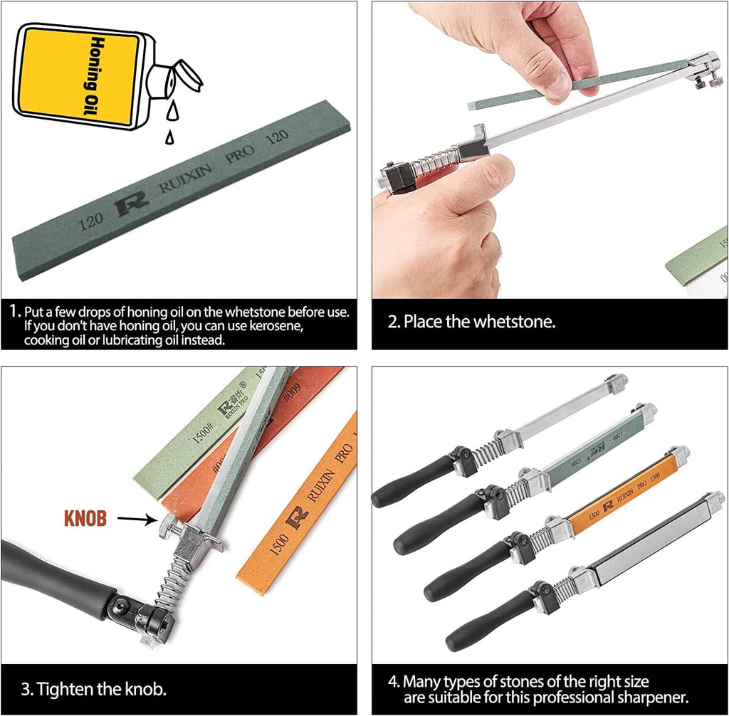 Whetstone kit and instructions showing honing oil, placing stones, and tightening the knob