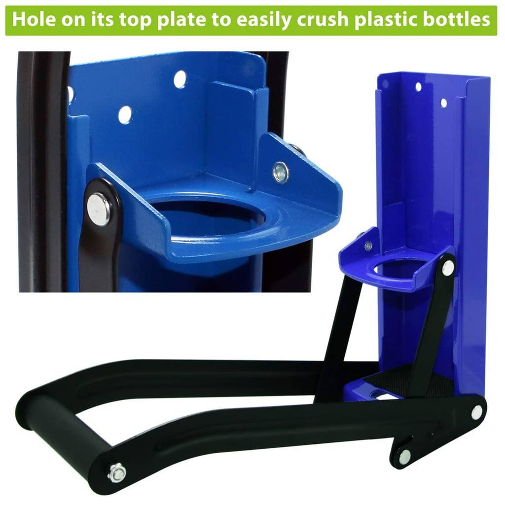 Blue wall-mounted can crusher with curved top plate and black crush bar