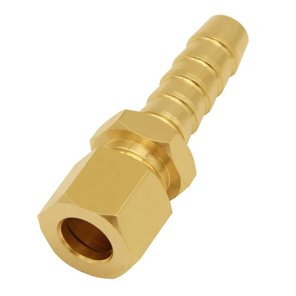 Brass 5/16 compression x 3/8 barb adapter with hex body and outlet tube, gold tone.