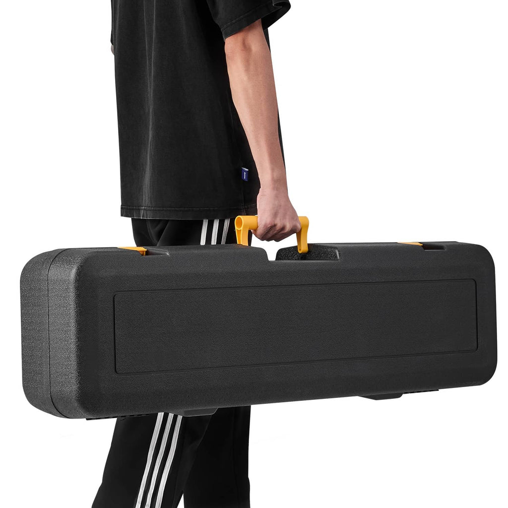 Black laser level case with carry handle, handheld unit shown during setup