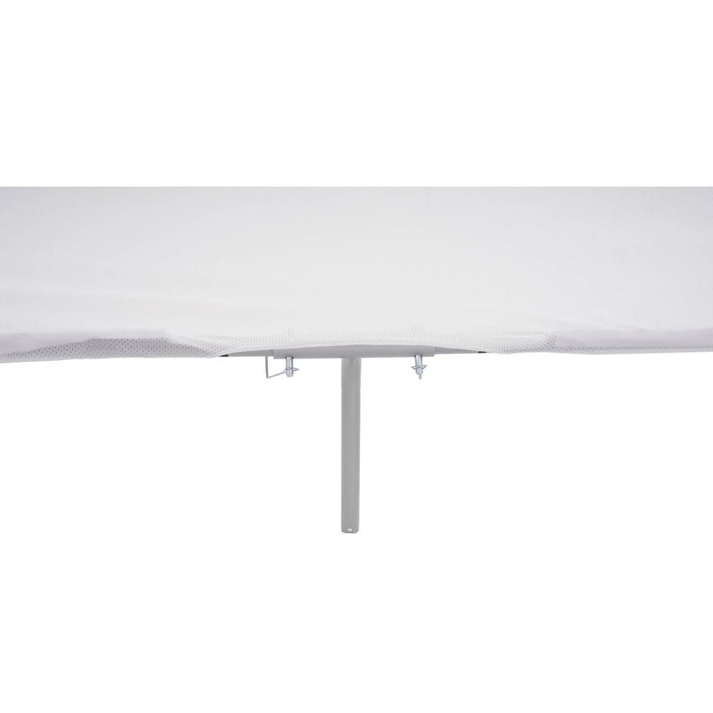 Boat sun shade underside with white fabric and silver center mounting post