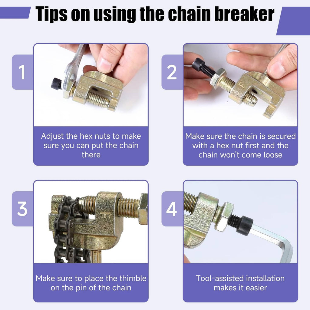 Chain breaker tool for installing the red roller chain, shown with brass hardware.