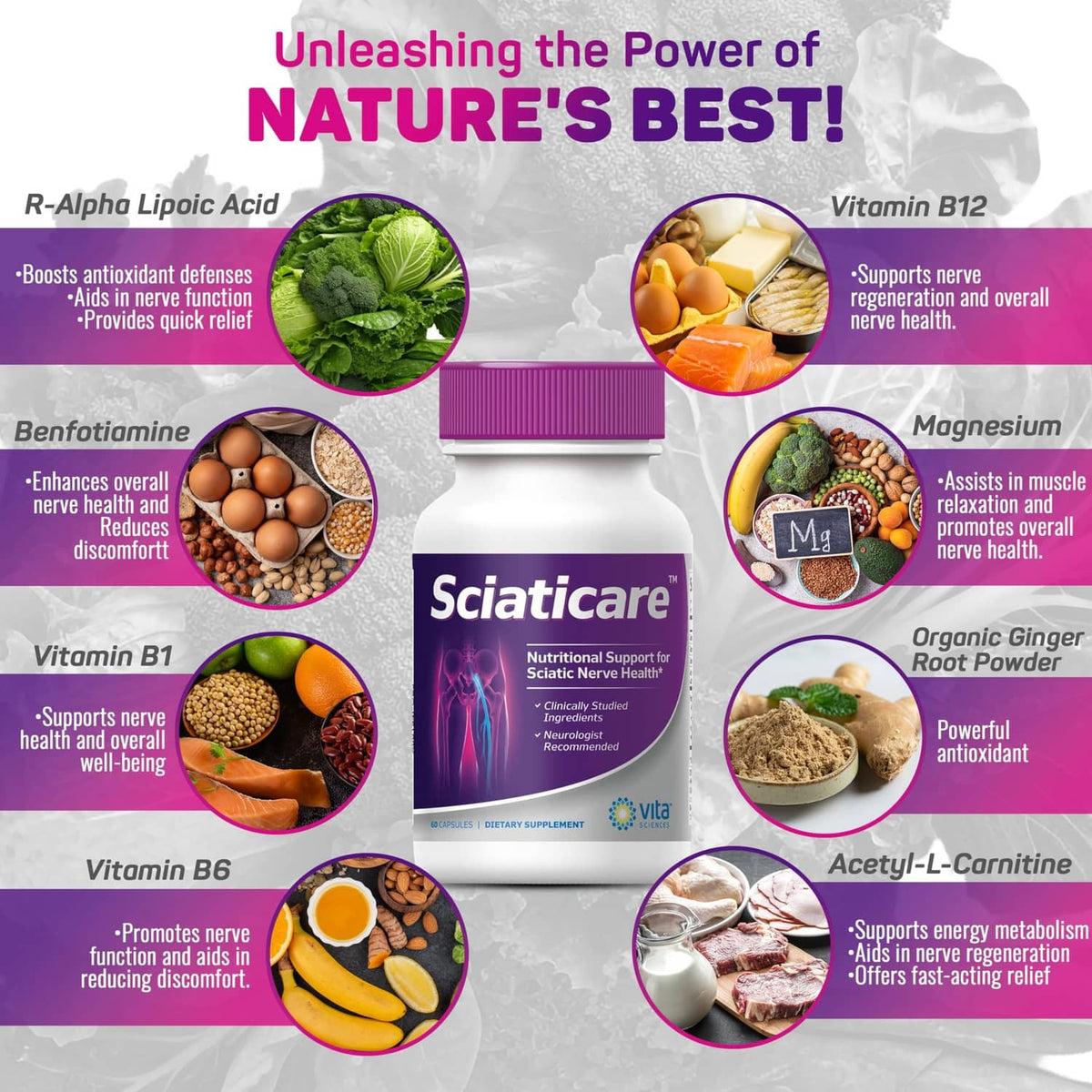 Vita Sciences nerve soothing supplement bottle with purple cap and ingredient info graphic
