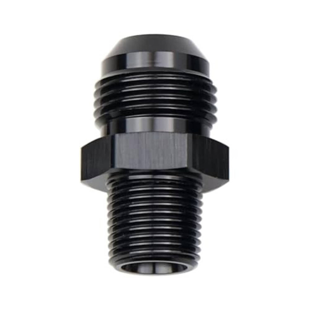 Black 10AN to 3/8 in NPT male union adapter fitting with hex union and threaded ports
