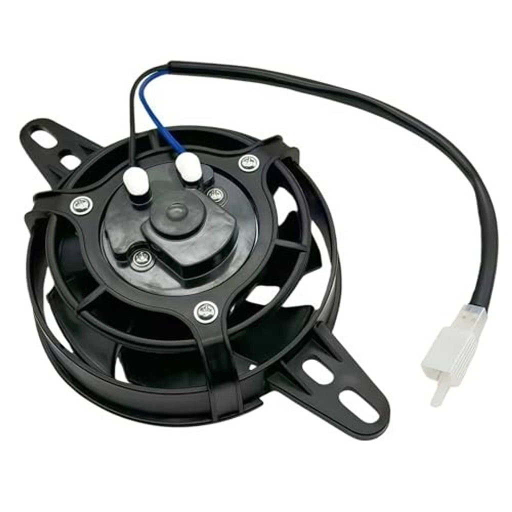 12V DC radiator cooling fan with control cap on top, black blades, white connector lead.