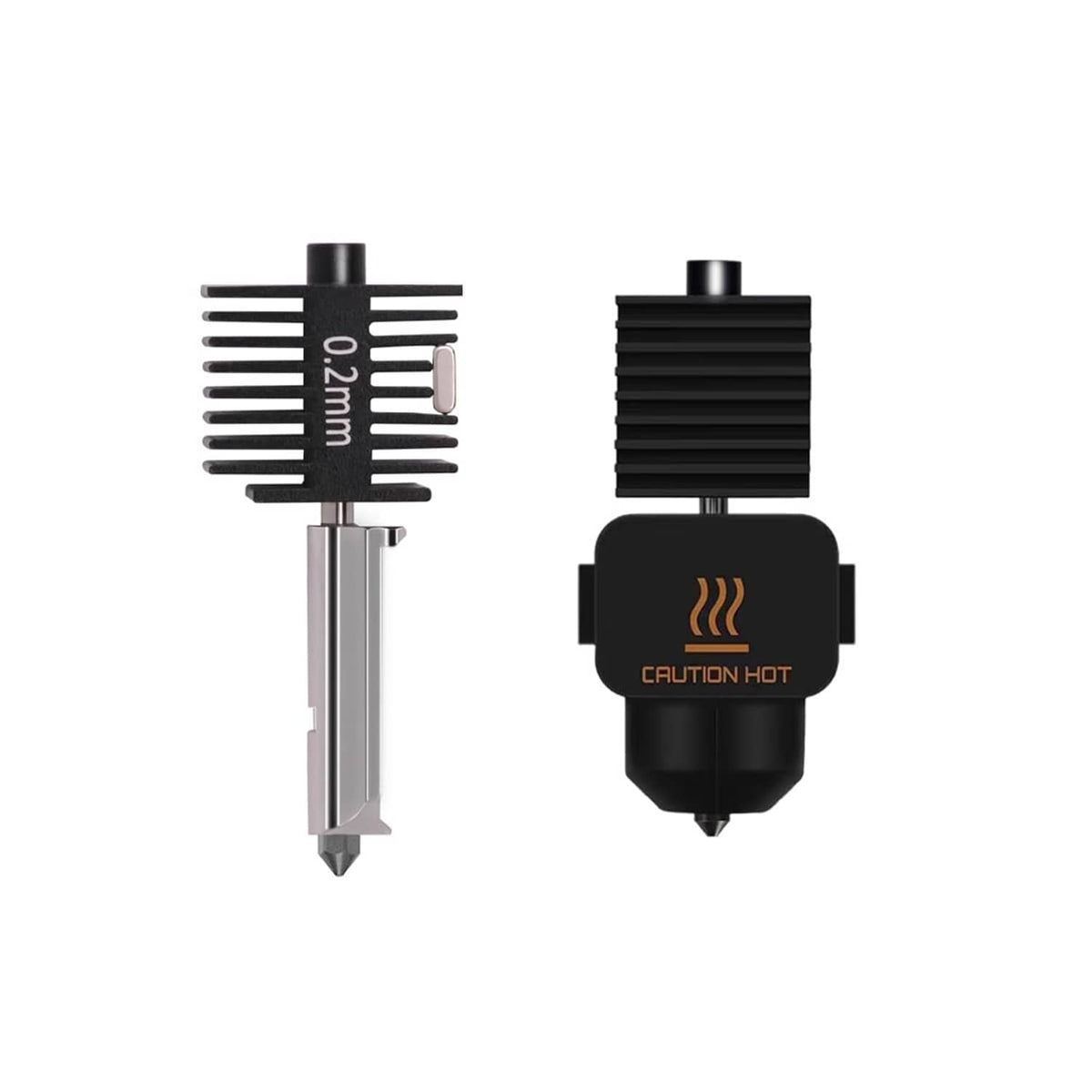 Two black hotend assemblies with silicone sock and caution hot warning on the nozzle