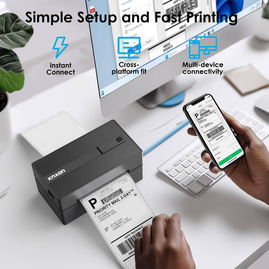 Thermal label printer in use with phone scan display and printed 4x6 shipping label