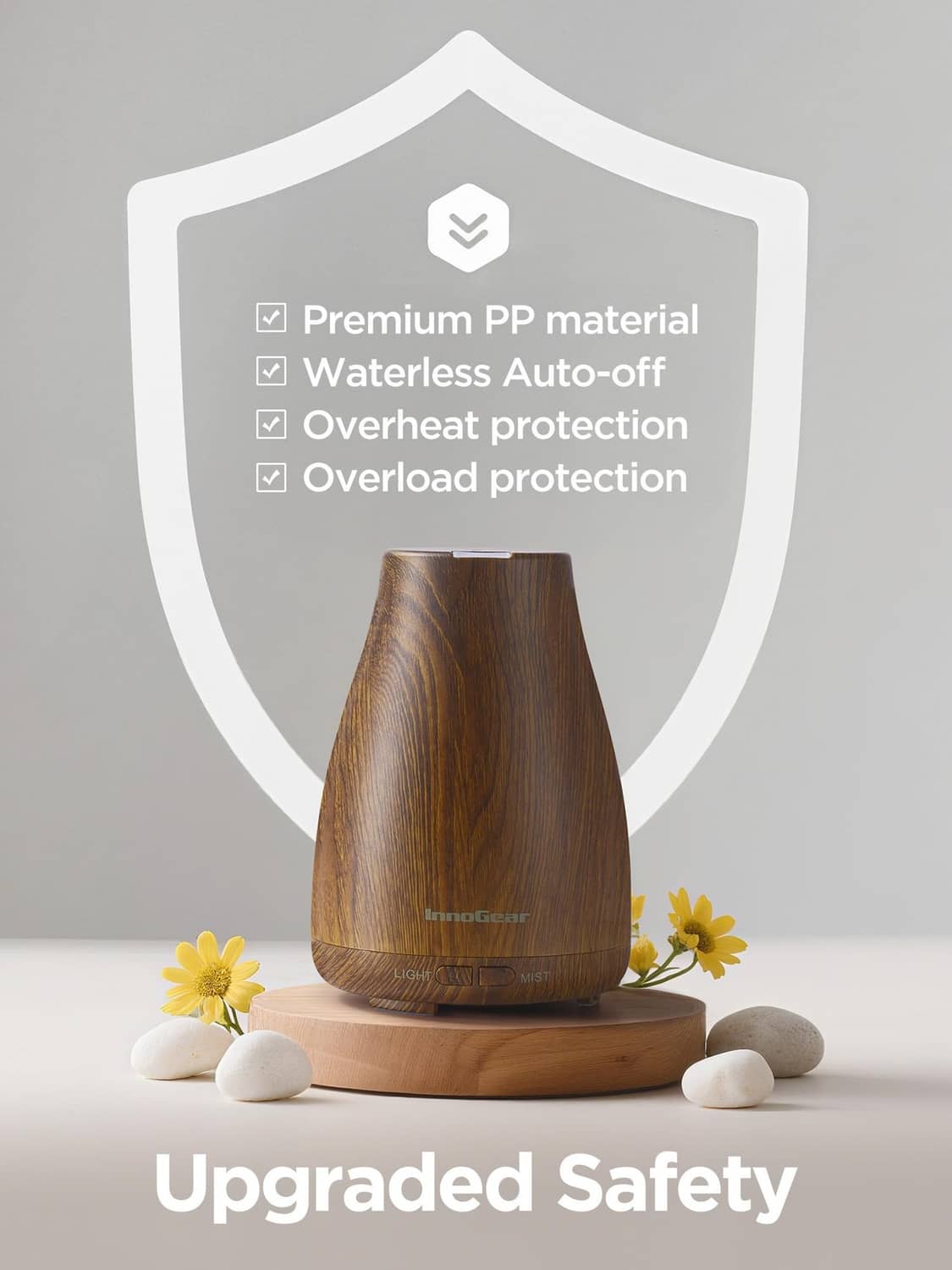 Bronze wood-grain essential oil diffuser with rounded top vent and protective base