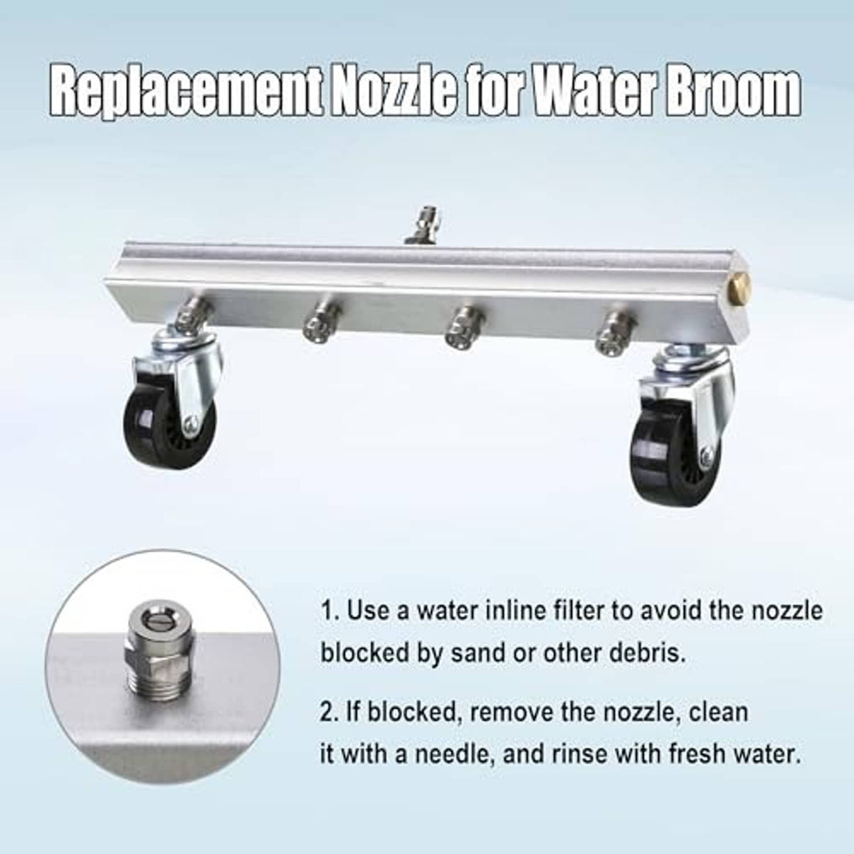 Replacement pressure washer undercarriage nozzle on a bar with four caster wheels