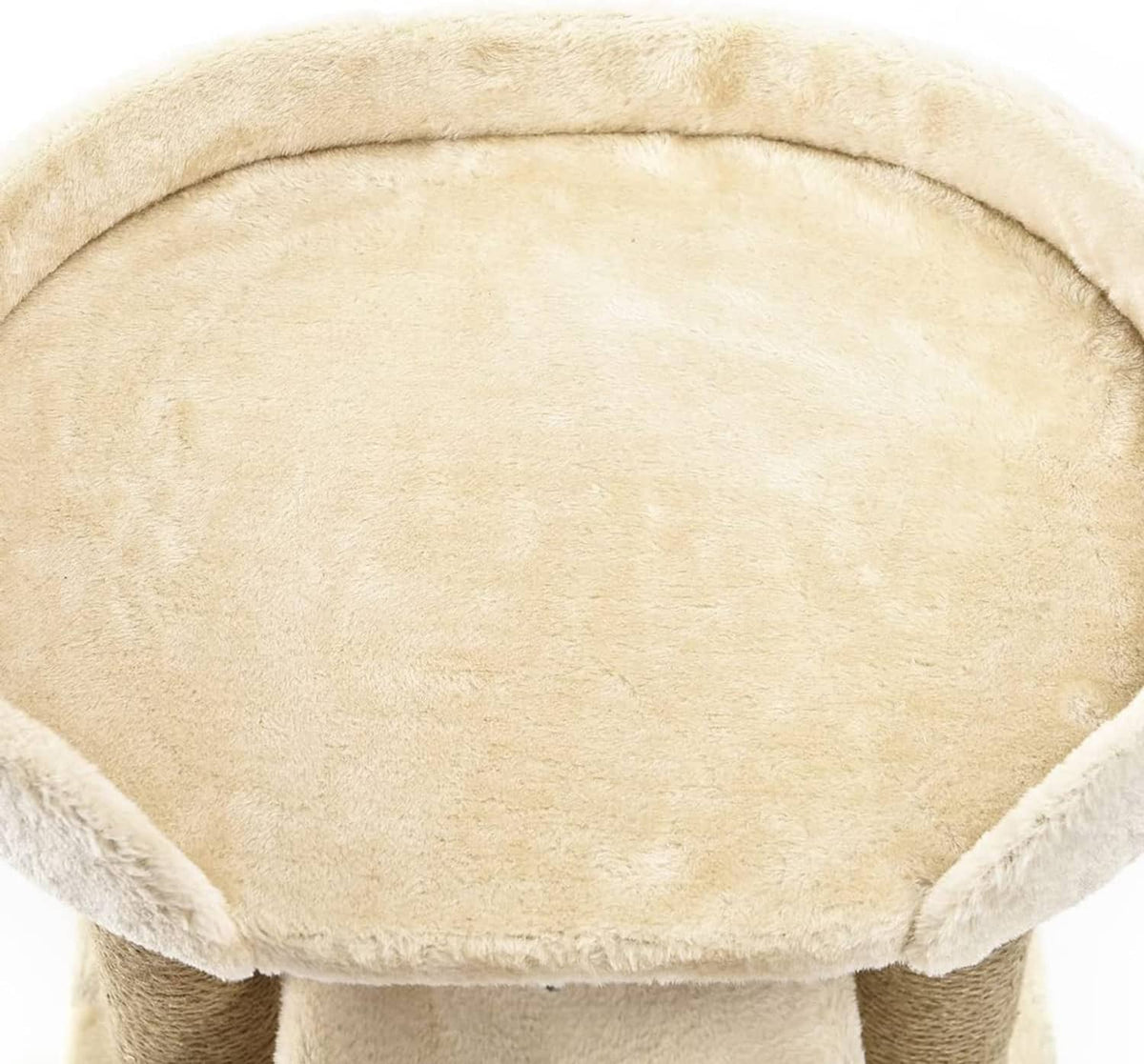 Round cream plush cat bed on top of sisal cat tree