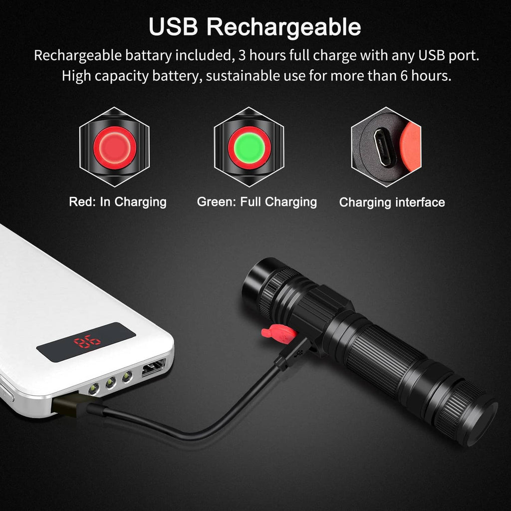 USB-rechargeable black LED flashlight with charging cable and indicator icons