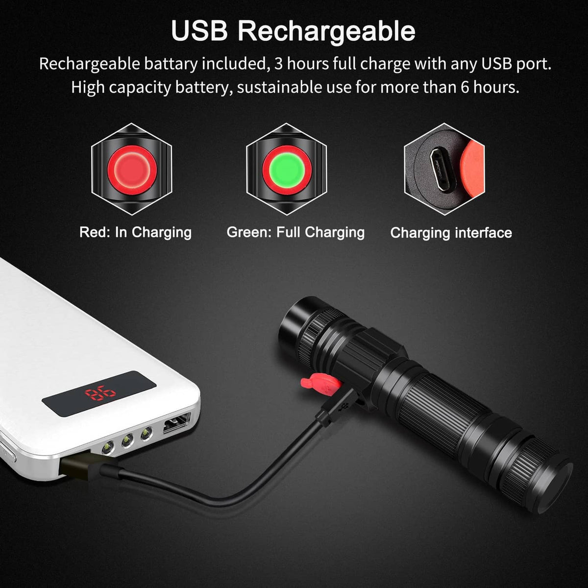 USB-rechargeable black LED flashlight with charging cable and indicator icons