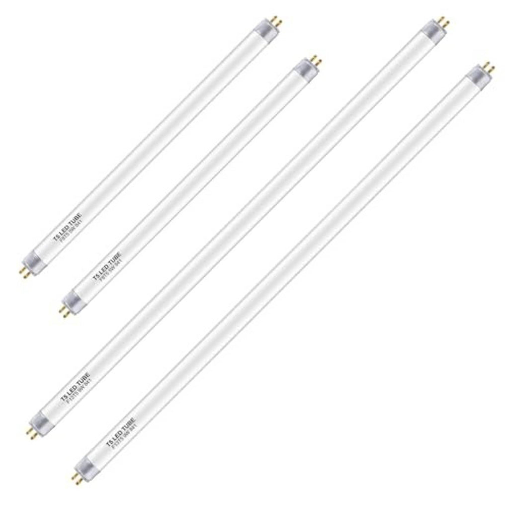Four T5 LED tubes with clear glass and gold pin bases, mixed lengths