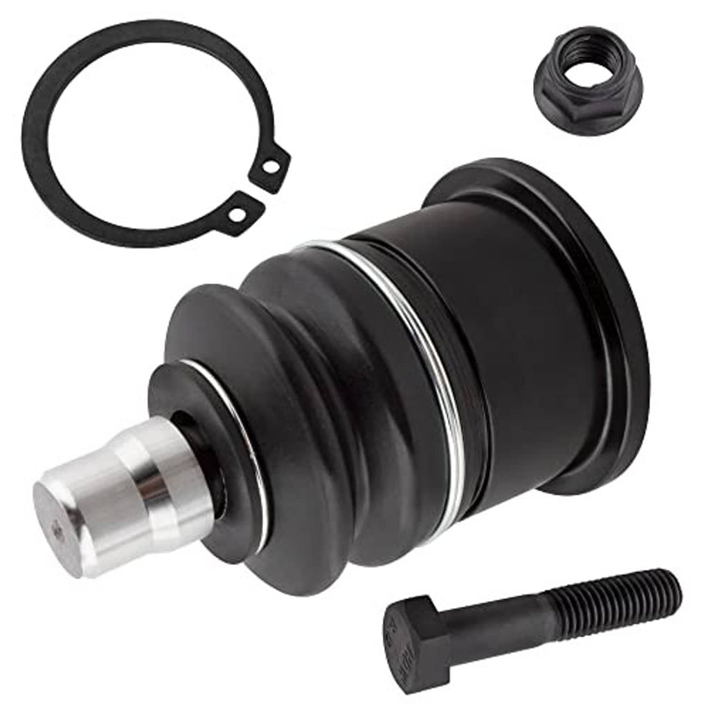 Front upper ball joint with black boot and silver pin, with large round retaining ring