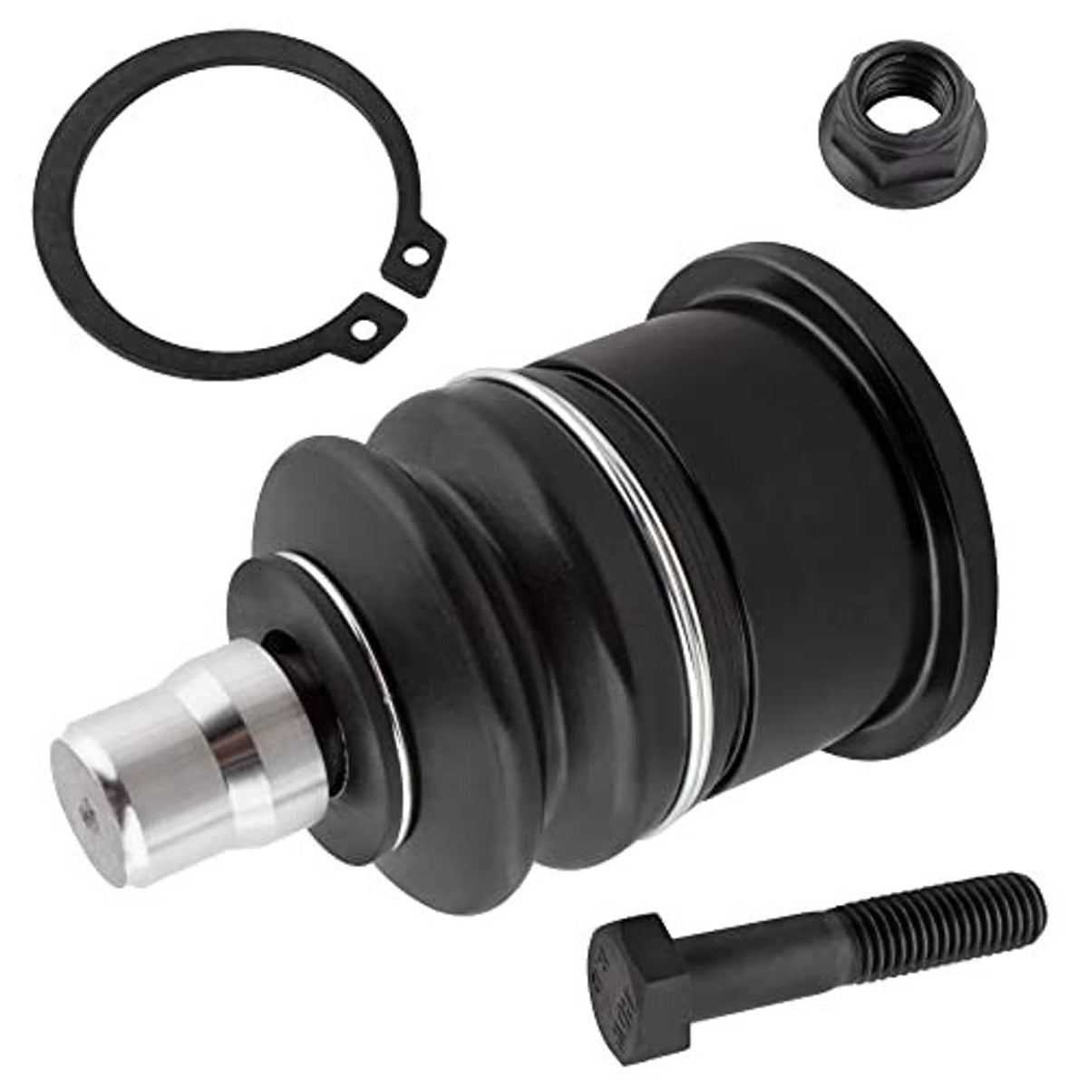 Front upper ball joint with black boot and silver pin, with large round retaining ring