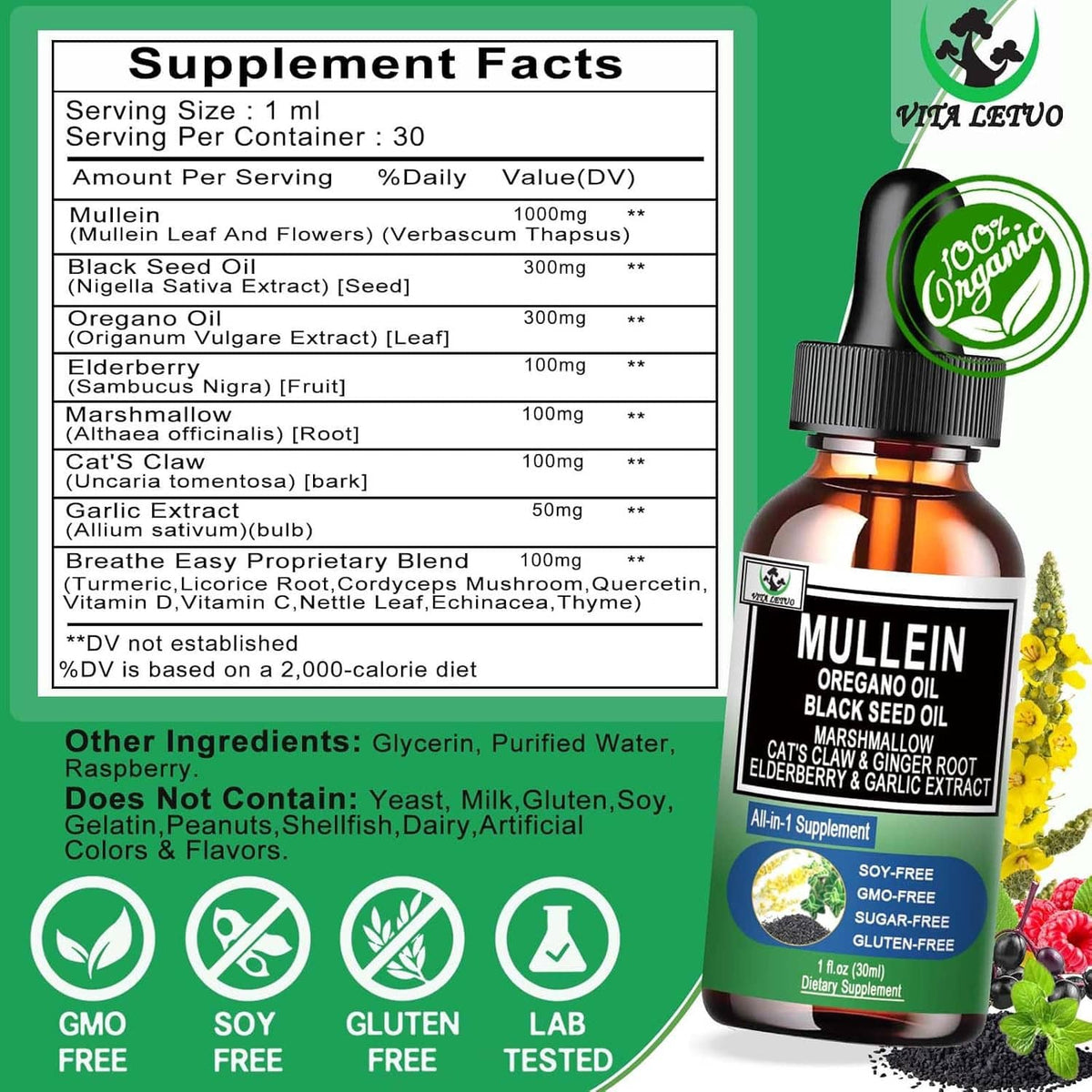 Mullein supplement label with Supplement Facts panel and dropper bottle