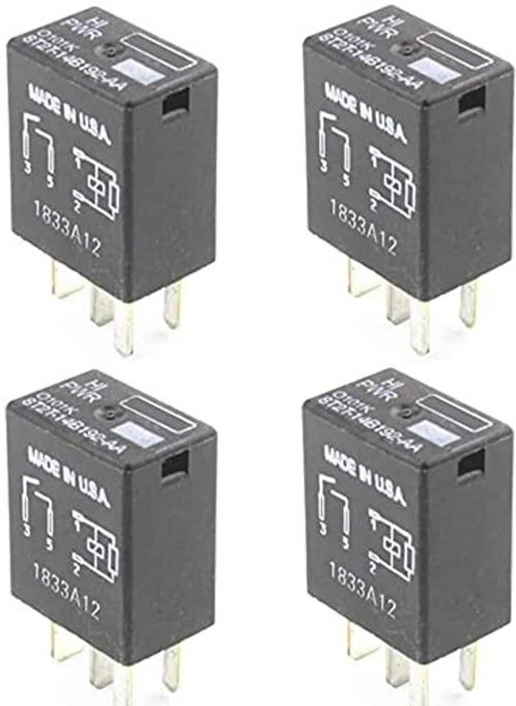 Four black 4-pin relays with silver blade terminals, each marked 1833A12 and Made in USA.