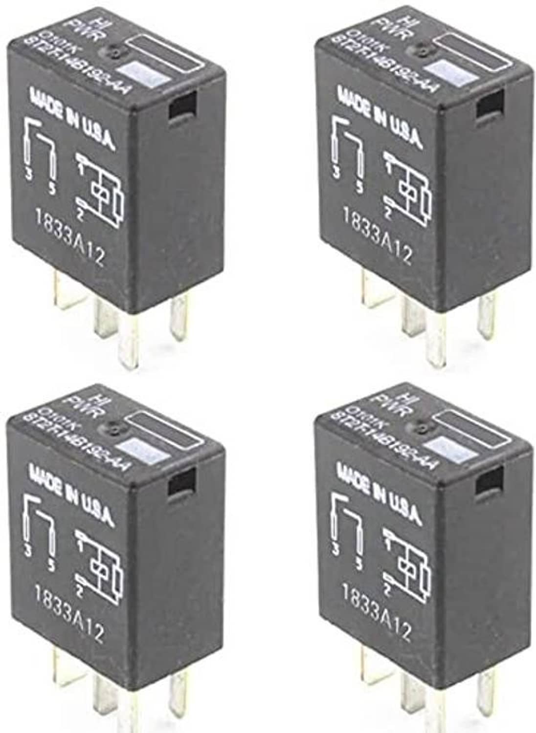 Four black 4-pin relays with silver blade terminals, each marked 1833A12 and Made in USA.