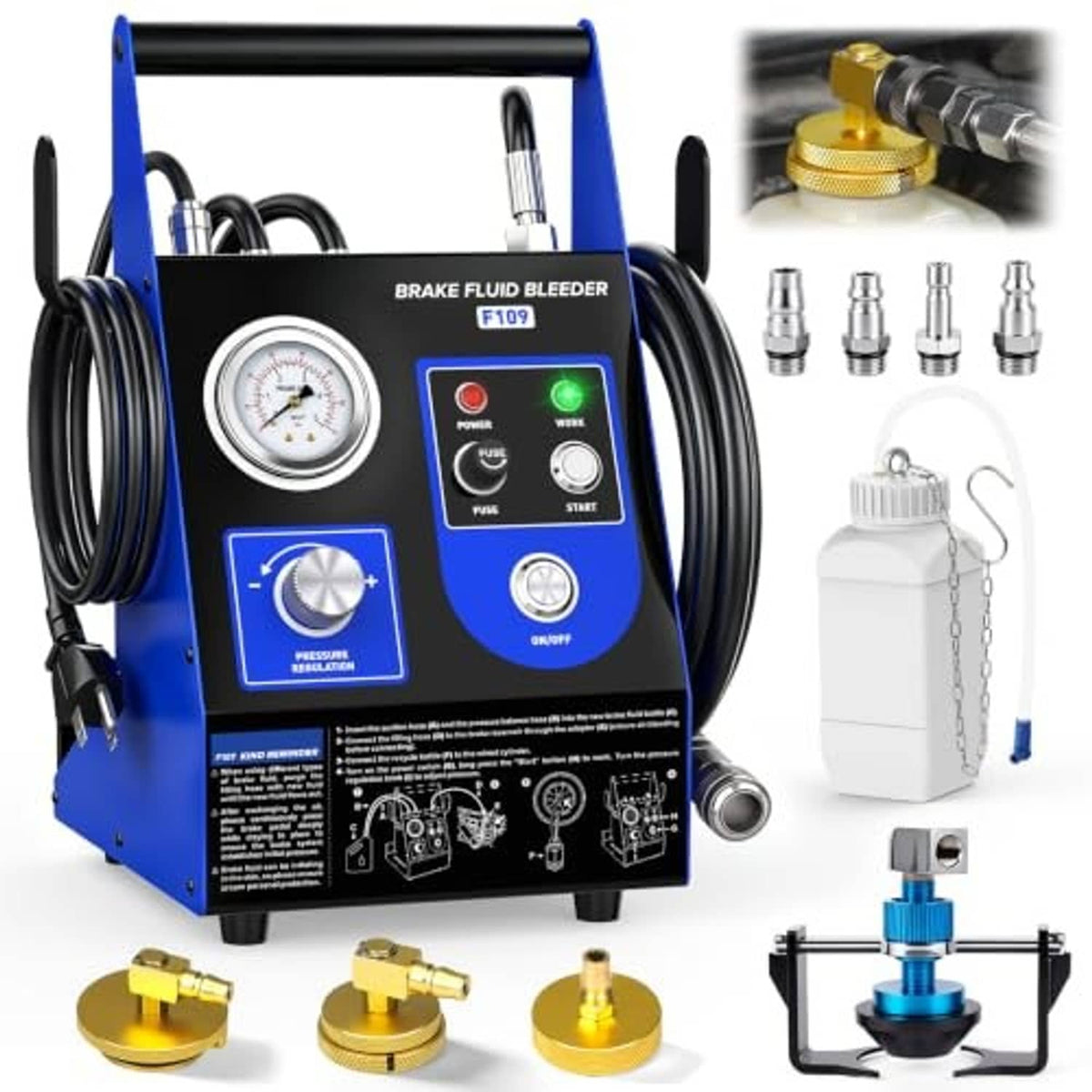 Blue electric brake fluid bleeder kit with pressure gauge and control panel