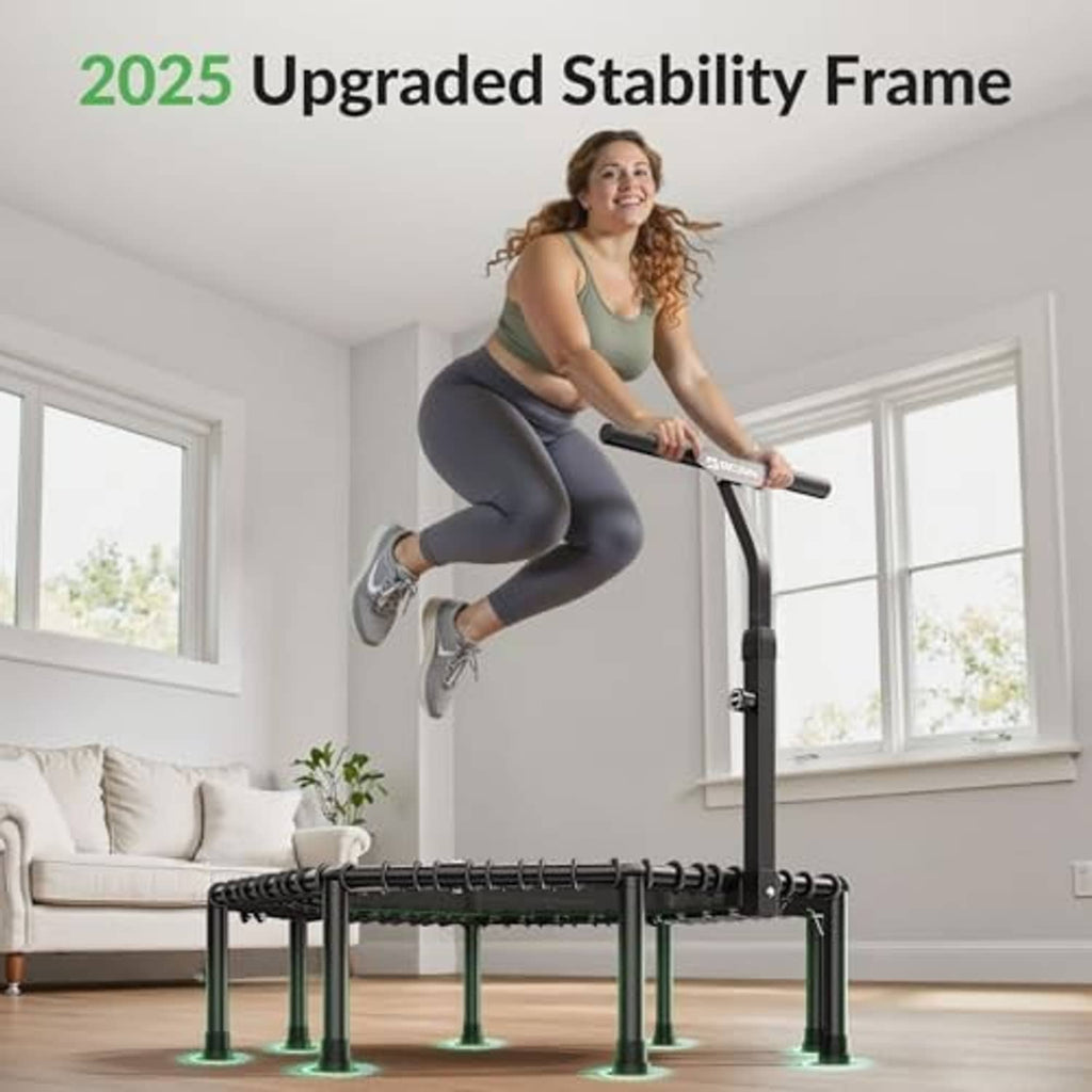 Octagonal rebounder trampoline with stability frame and upright handlebar, shown with user stepping