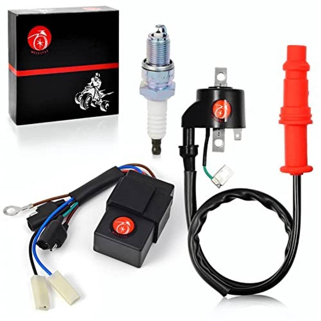 Ignition coil and CDI box kit with spark plug, wiring harness, and red boots