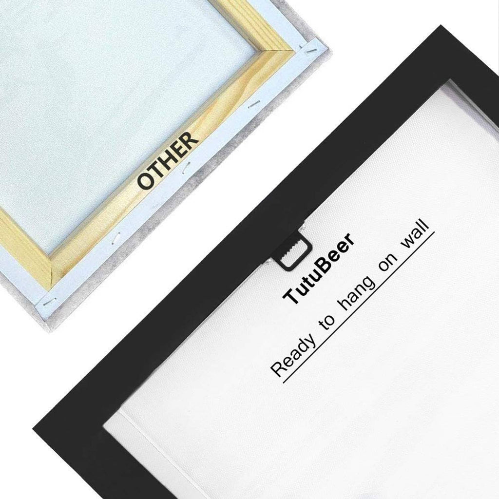 Wall canvas with black border trim and pale backing on a mounted frame