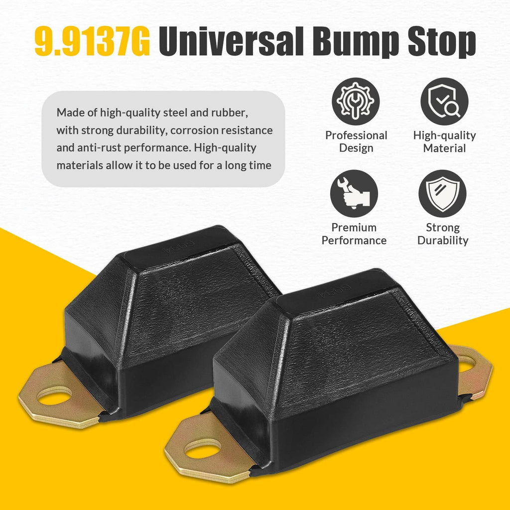 Universal bump stop set with two black rubber bump stops and metal mounting tabs