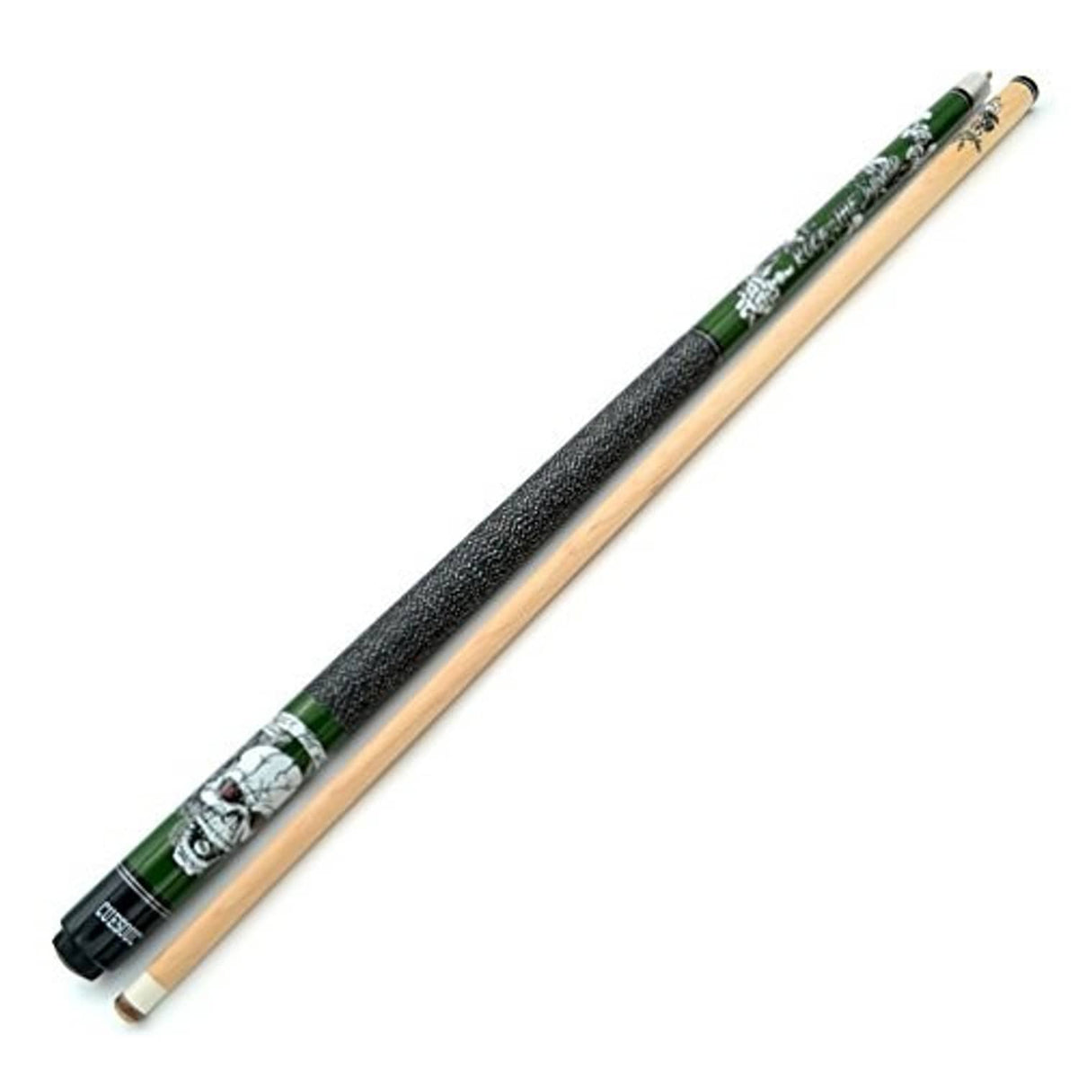 Green pool cue stick with black textured handle and wood butt end