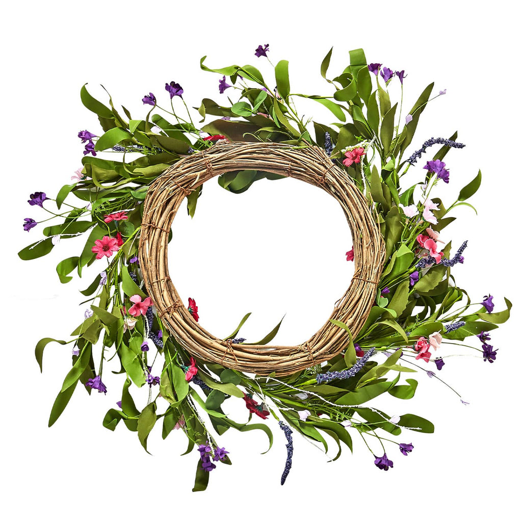 Artificial floral wreath with green leaves and pink/white flowers around twig ring