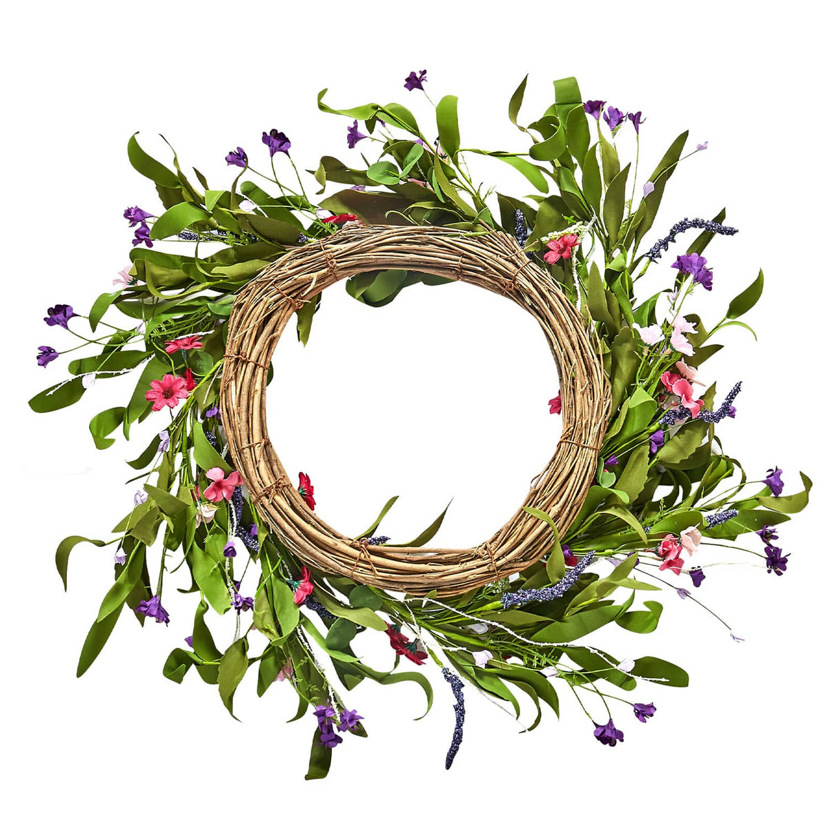 Artificial floral wreath with green leaves and pink/white flowers around twig ring