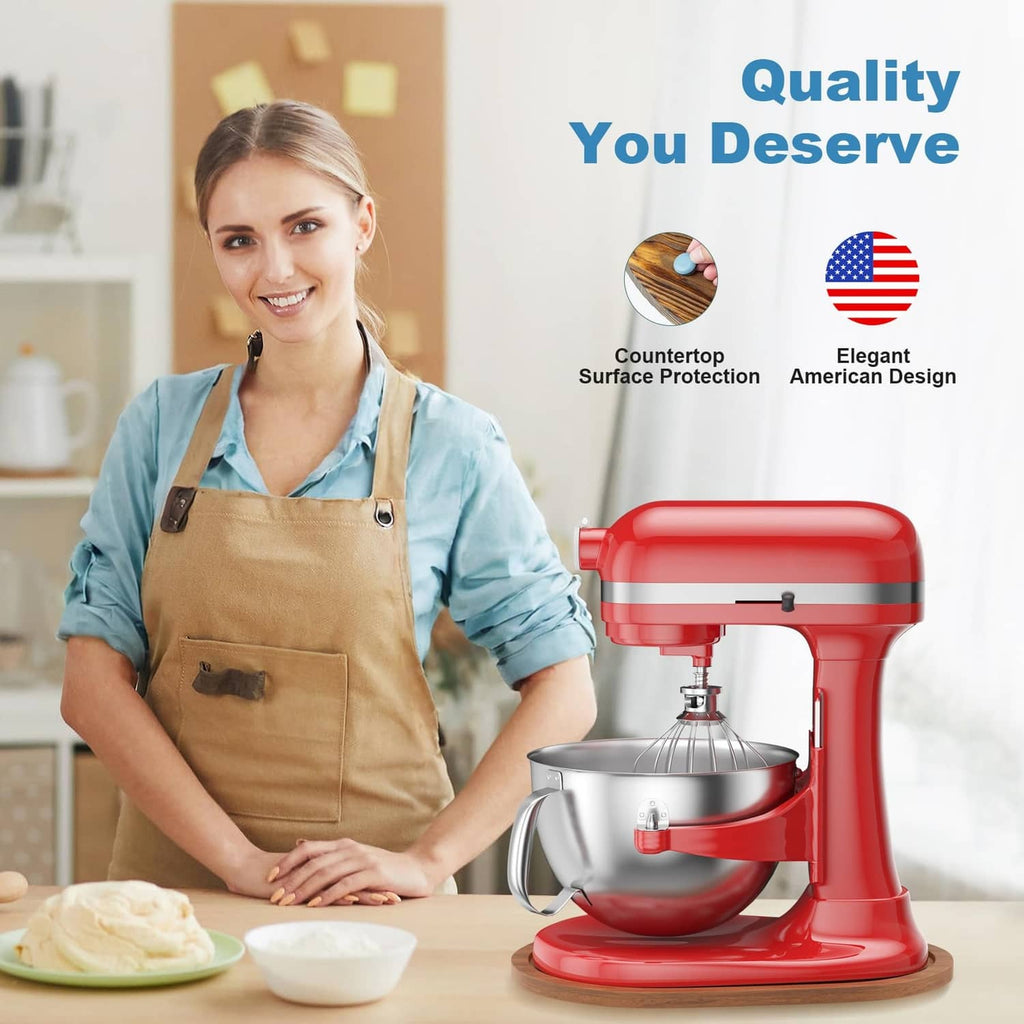 Brown wood bowl lift slider for KitchenAid, oval base on countertop during mixing