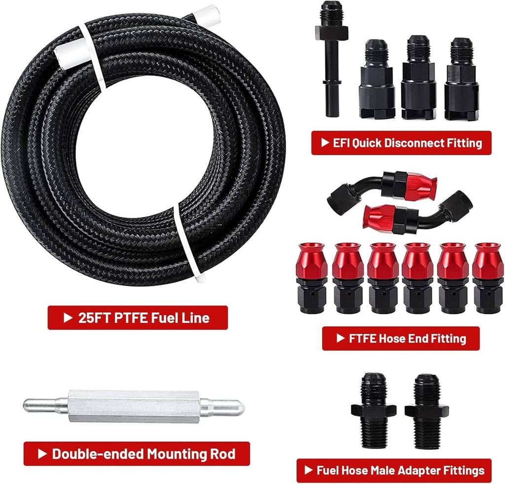 Black PTFE fuel line hose coil with multiple AN fuel line fittings in black and red