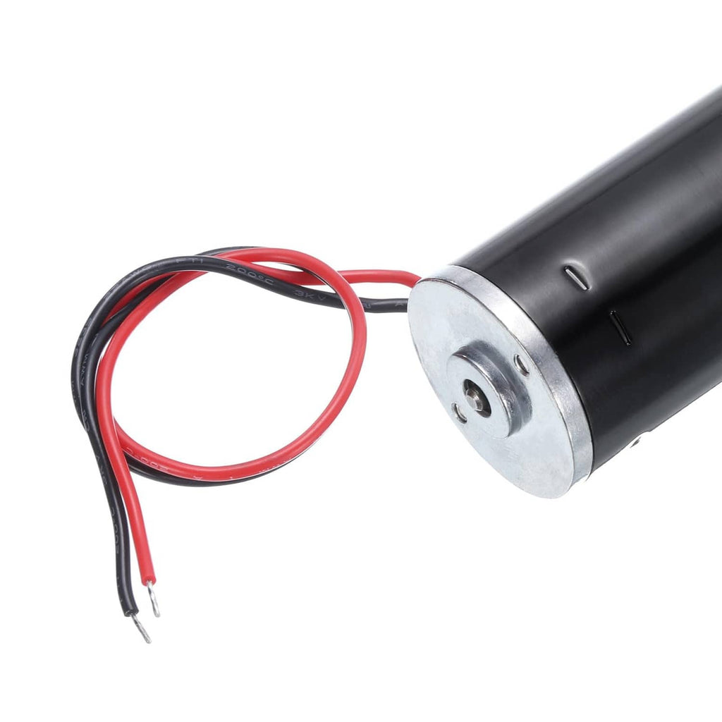 Geared worm motor front view with black cylindrical housing and red/black wire leads