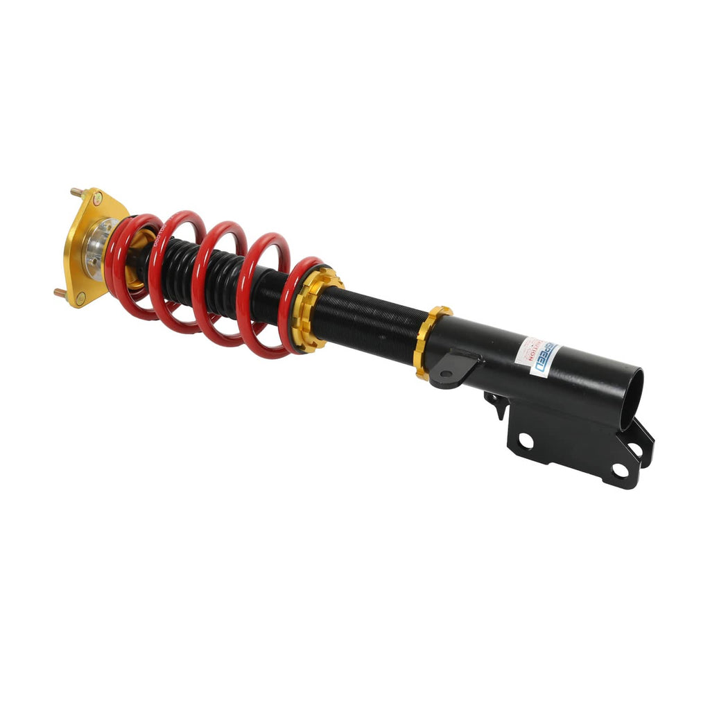 Coilover strut with red spring, gold front plate, and black mounting bracket