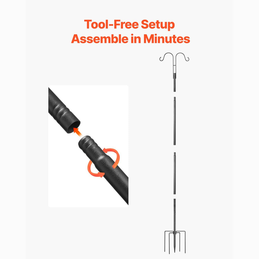 Bird feeder pole kit showing pole segments and ground spike base for tool-free setup