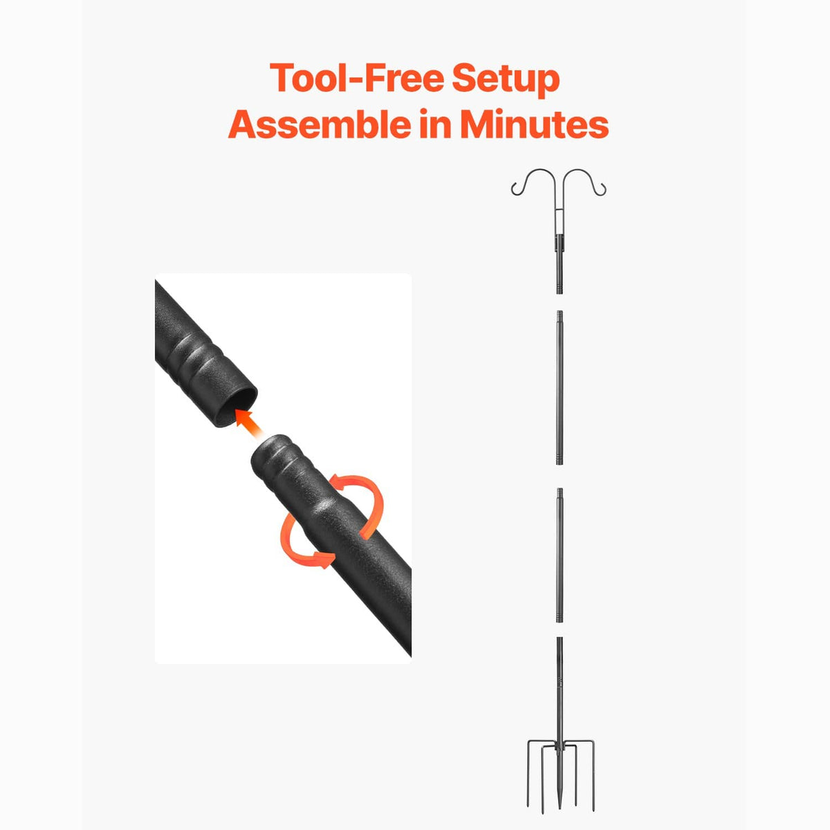 Bird feeder pole kit showing pole segments and ground spike base for tool-free setup