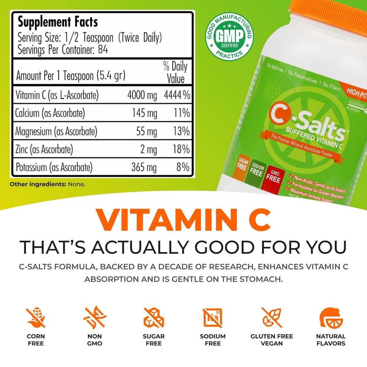 Vitamin C powder supplement jar showing Supplement Facts and daily value panel.