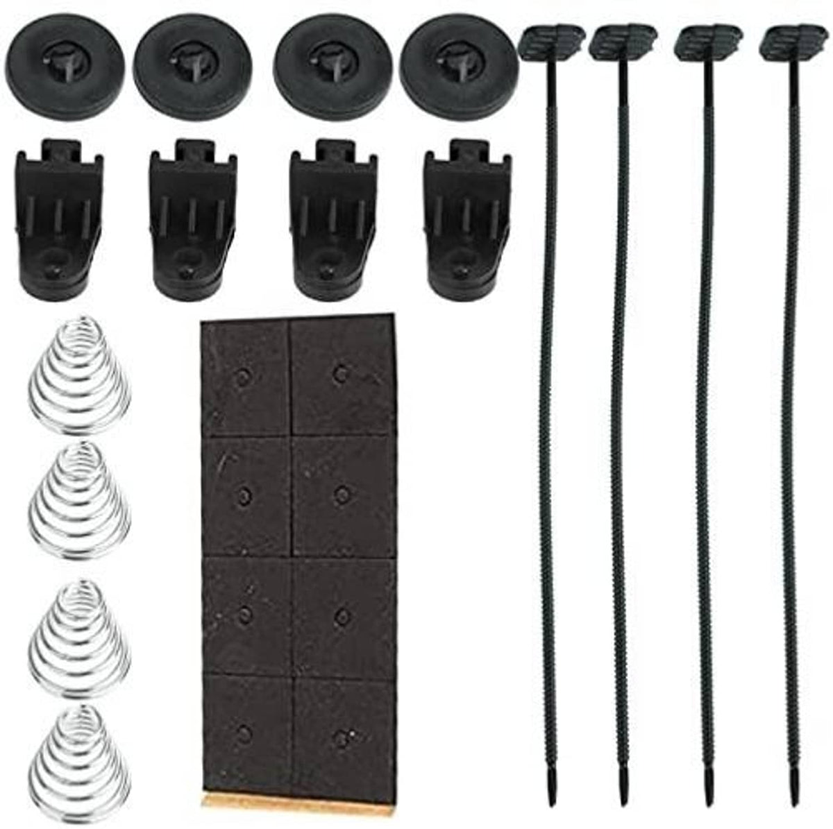 Electric radiator fan installation hardware set with mounting blocks, screws, springs, and bolts
