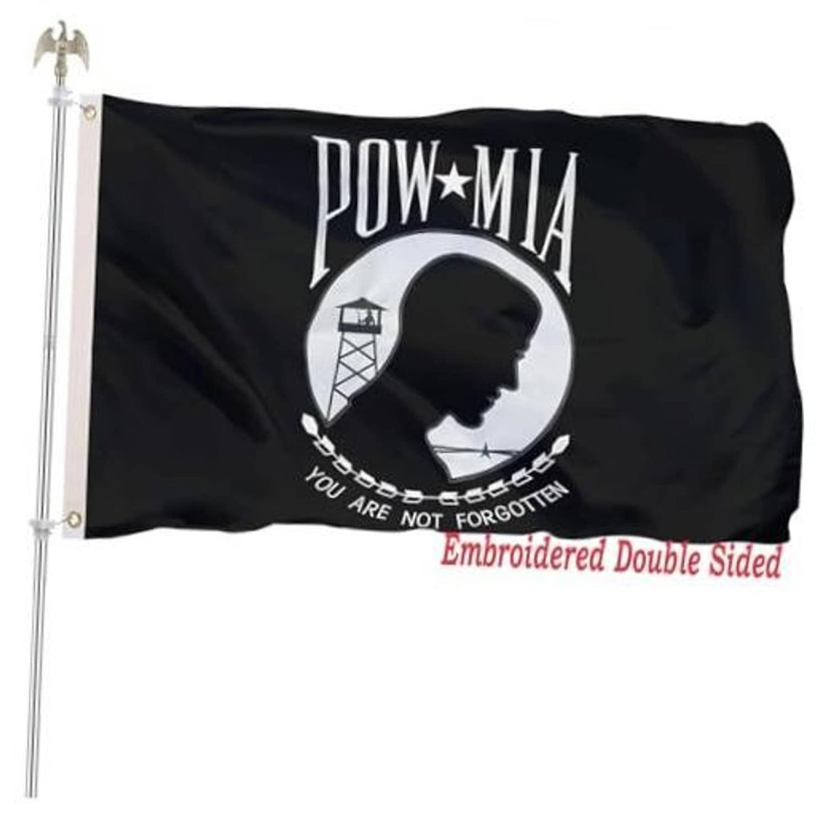 Black POW*MIA embroidered yard flag with emblem, double-sided