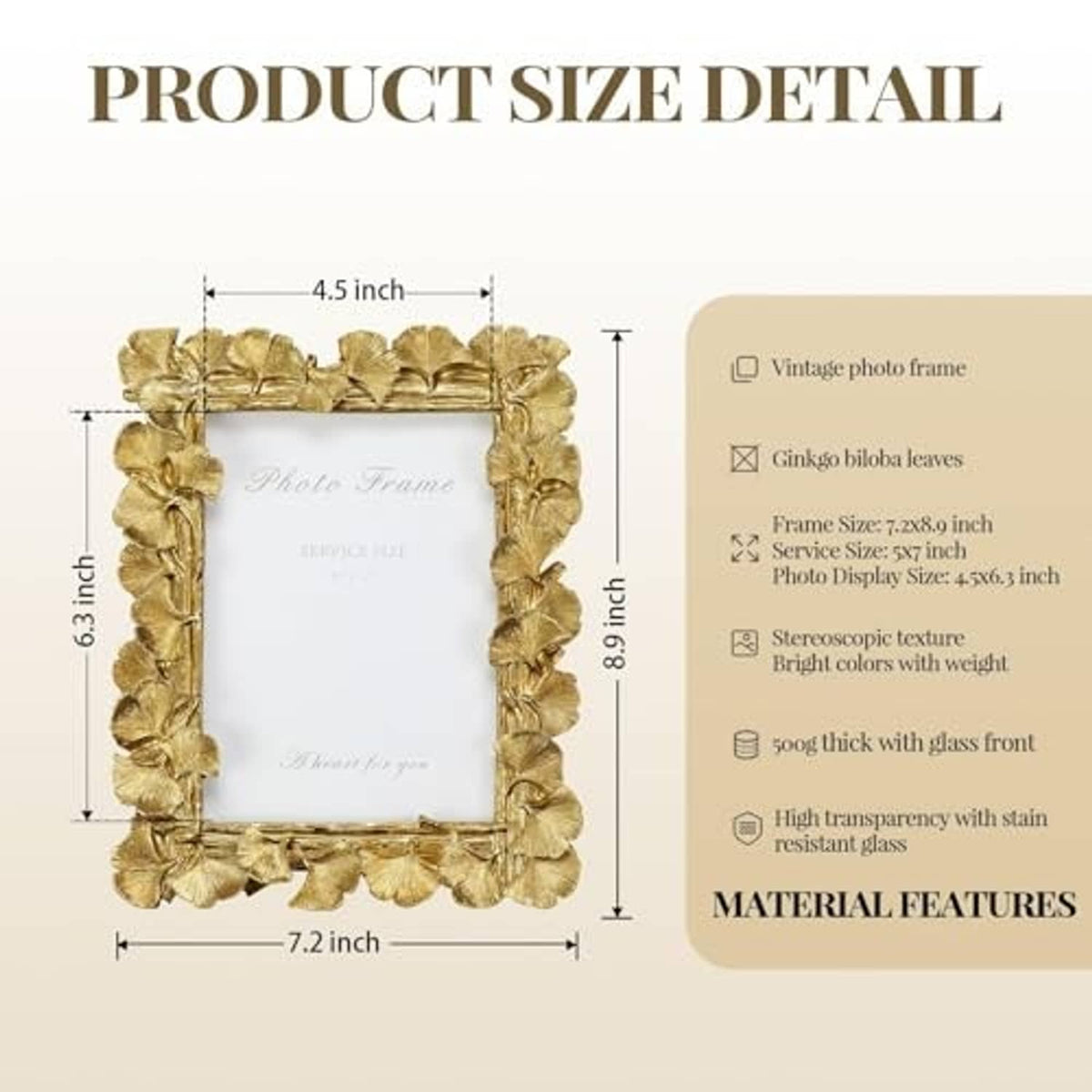 5x7 gold photo frame size detail diagram with height and width measurements