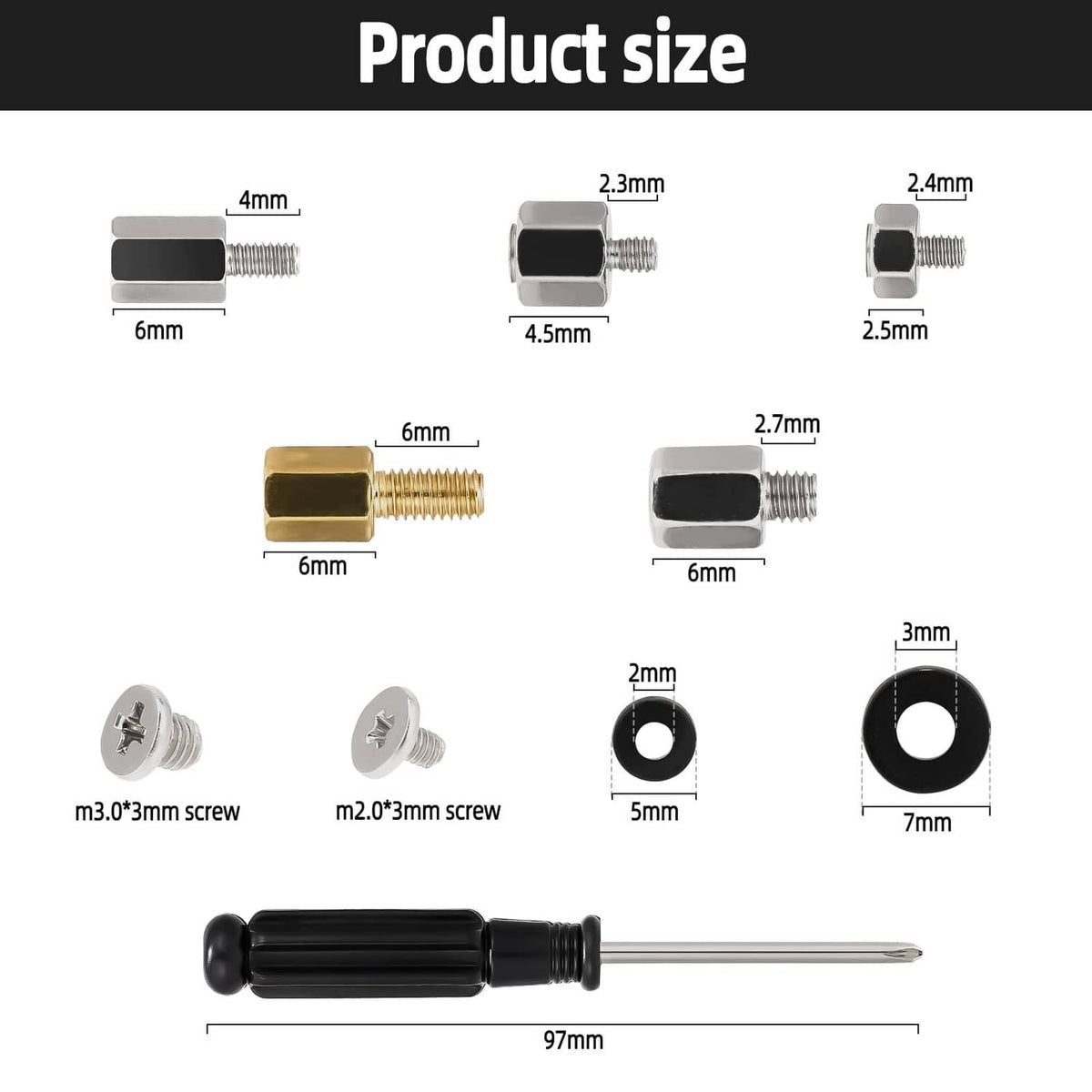 Screw size guide chart with M.2 mounting screws and screwdriver