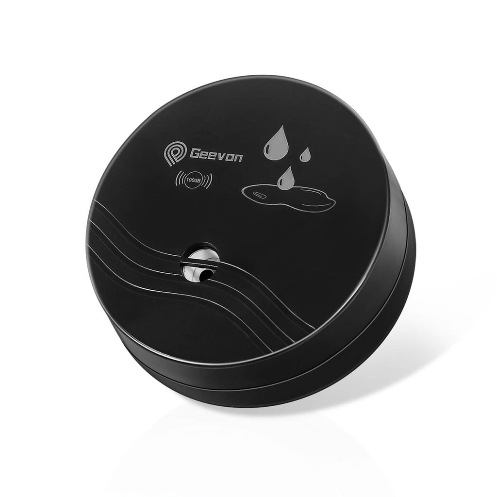 Geevon black round water leak detector with central sensor port and droplet icon