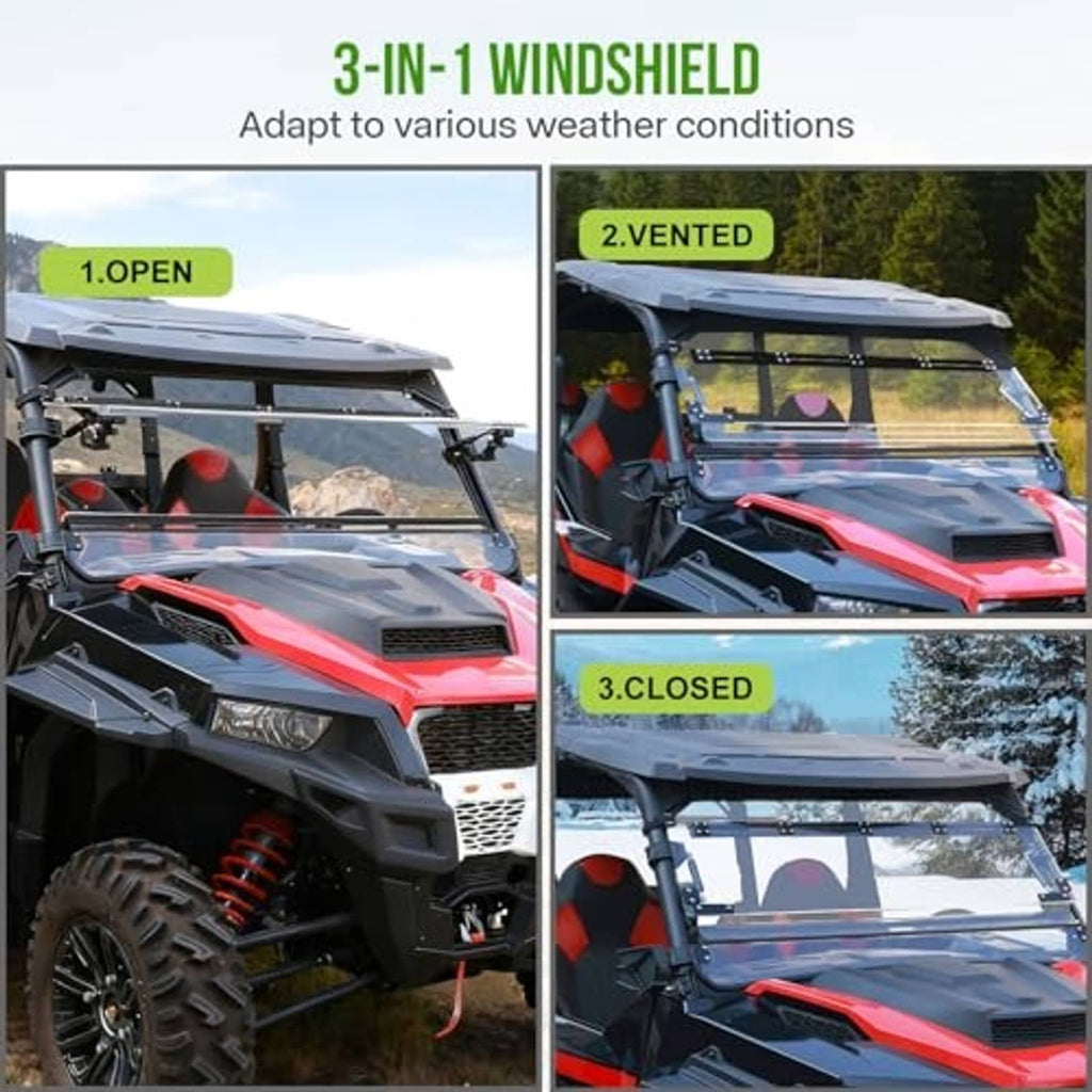 UTV windshield shown in open, vented, and closed positions