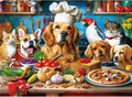 500-piece dog and cat jigsaw puzzle artwork with chef hat and pizza on a kitchen table